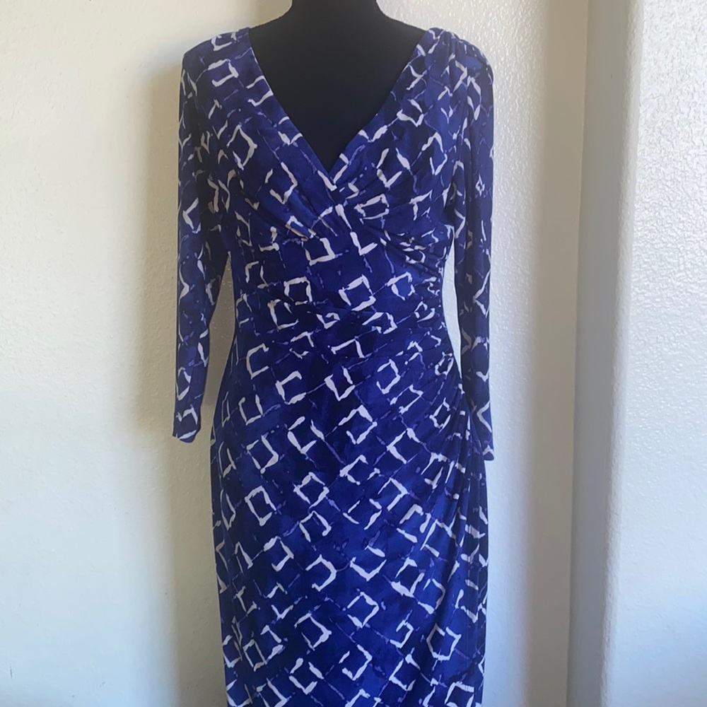 Lauren/Ralph Lauren, blue print 3/4 sleeves, midi dress, size 6, high stretch